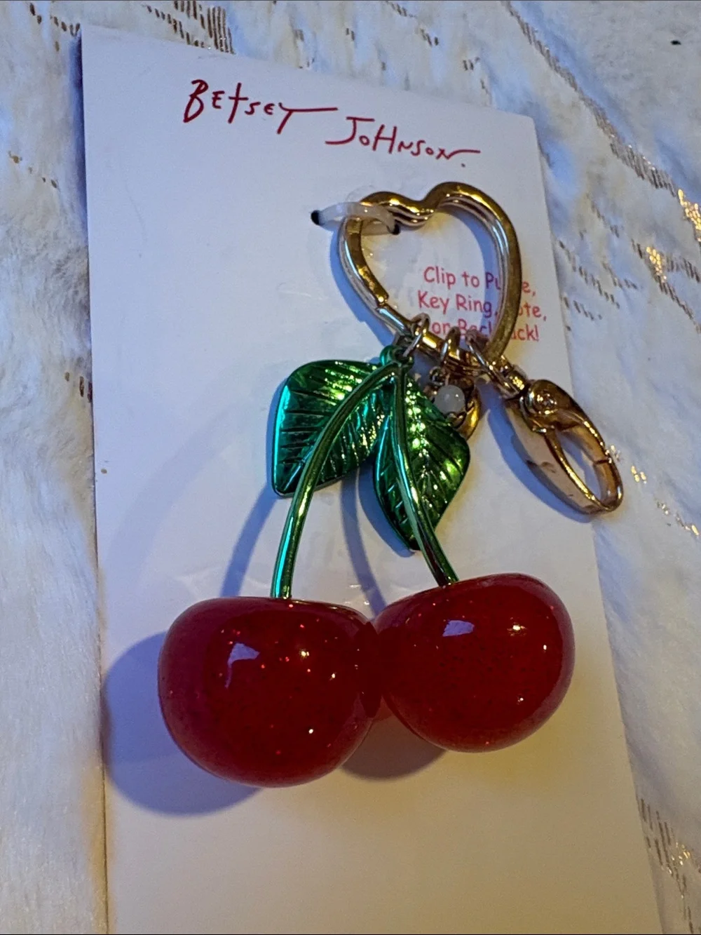 BNWT Betsey Johnson Red Cherry Keychain Bag Charm with Green Leaves